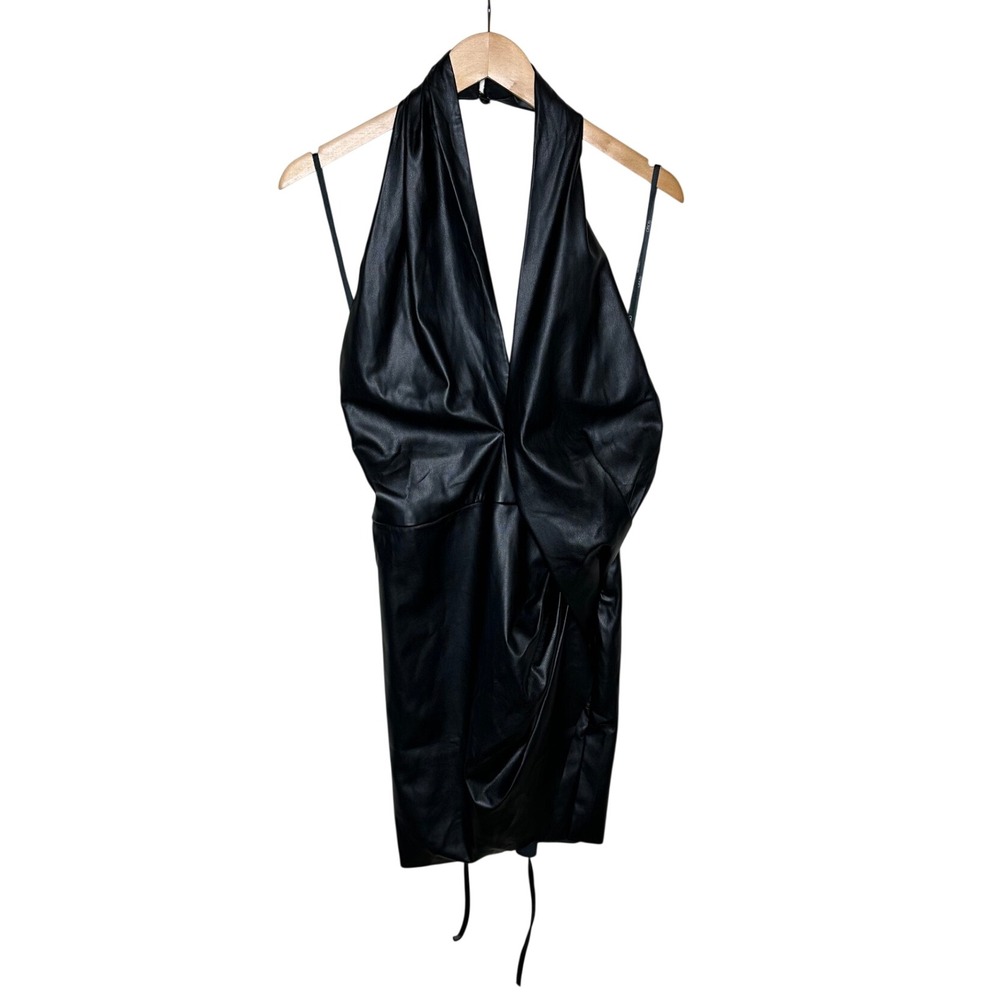 Asos Women's Faux Leather Halter Tie Back Mini Dress size 8 Black NWOT